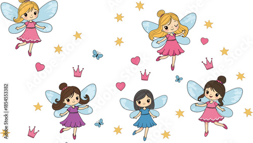 Magical cartoon fairies with wings, pink purple blue dresses, stars hearts butterflies crowns background, flat vector illustration