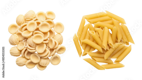 Konstfotografi Orecchiette and penne pasta isolated PNG, traditional Italian dry pasta shapes o