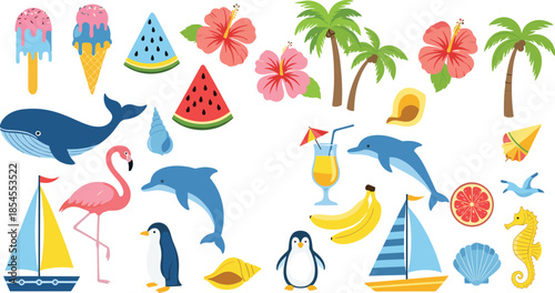 Tropical summer collage with fruits, animals, ice cream, beach icons, sailboats, flowers, vacation vibes – flat vector illustration