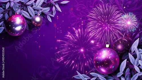 Festive purple scene with ornaments, foliage, and exploding pyrotechnics. Christmas or New Year themed