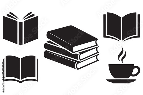 Book and coffee silhouette icon set on white background
