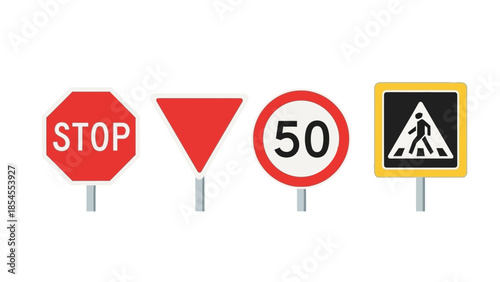 Collection of traffic and road signs, including stop, yield, speed limit, and pedestrian crossing
