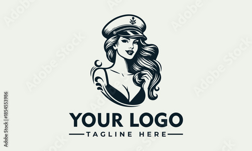 Vector logo design featuring a stylized female sailor with long hair and a cap on a light green background with space for a tagline.