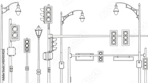 Collection of Traffic Lights and Street Lamps in Outline Design