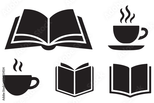 Book and coffee silhouette icon set on white background
