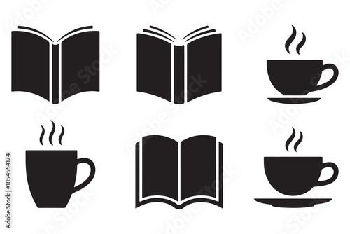 Book and coffee silhouette icon set on white background
