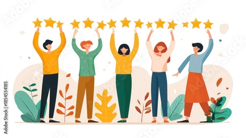Five diverse individuals holding golden stars, representing positive feedback and high ratings