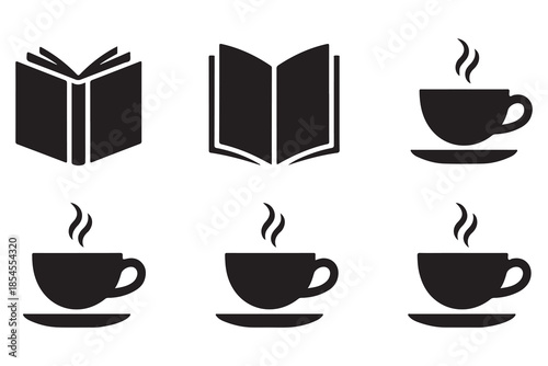 Book and coffee silhouette icon set on white background
