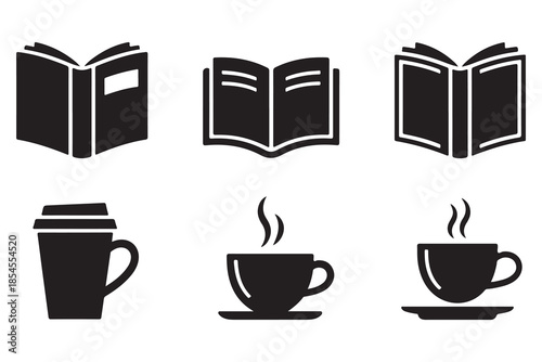 Book and coffee silhouette icon set on white background
