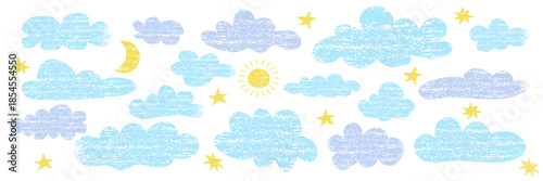 Cute color doodle Set soft cloud, sun, moon and star elements in pastel chalk colors.Hand drawn child pencil bg. Crayon kid drawing.