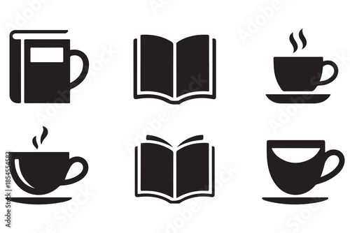 Book and coffee silhouette icon set on white background
