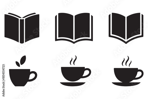 Book and coffee silhouette icon set on white background
