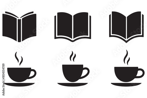 Book and coffee silhouette icon set on white background
