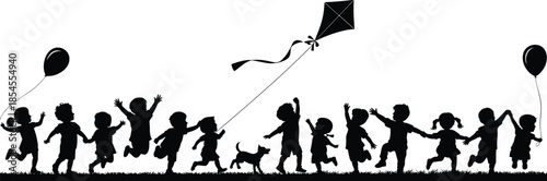 Children silhouettes running together flying kite playful childhood freedom joy friendship outdoor activity vector illustration isolated white background