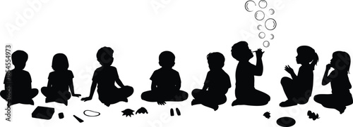 Children sitting together silhouettes kids blowing bubbles group playtime childhood friendship leisure illustration isolated white background creative fun concept