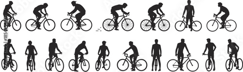 Cyclist riding bicycle silhouette set man cycling poses road bike sport activity black vector illustration collection