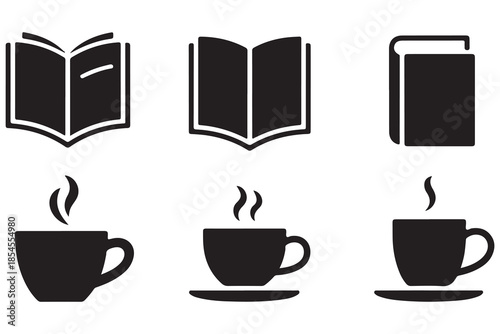 Book and coffee silhouette icon set on white background
