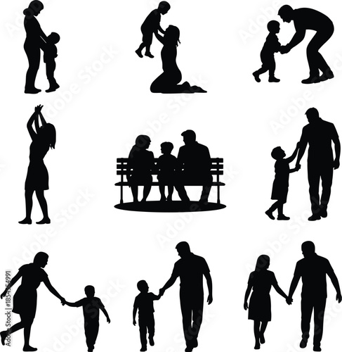Family silhouettes parents and children bonding love care togetherness parenting moments isolated on white background lifestyle illustration collection