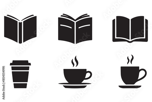 Book and coffee silhouette icon set on white background
