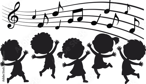 Happy children dancing silhouettes with musical notes playful kids enjoying music rhythm childhood fun illustration isolated white background