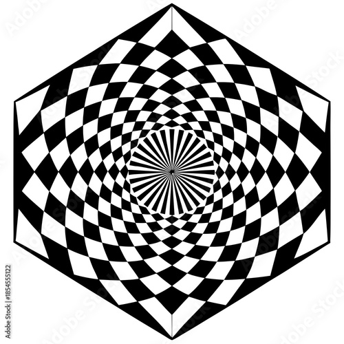 An mesmerizing hexagonal optical illusion with a dynamic checkered pattern and central sunburst