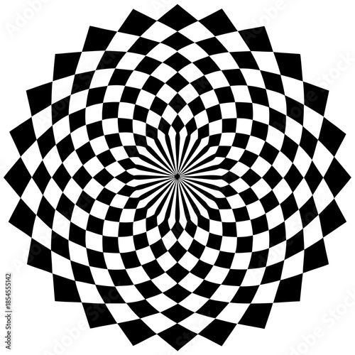 Entrancing black and white checkerboard spiral with a captivating optical illusion effect