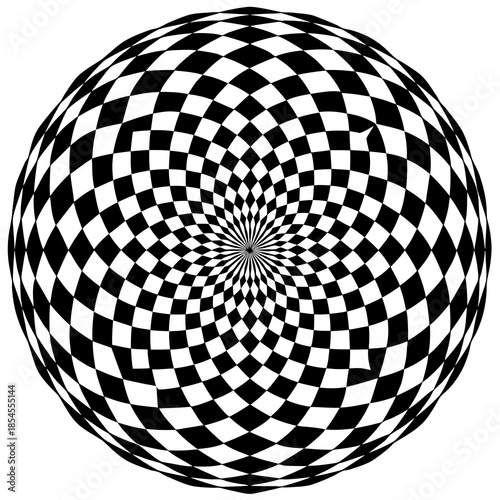 Hypnotic black and white checkered sphere with a swirling optical illusion effect
