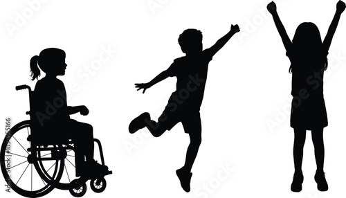 Inclusive children silhouettes celebrating freedom joy diversity disability inclusion happy kids jumping playing together isolated on white background illustration