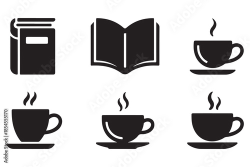 Book and coffee silhouette icon set on white background
