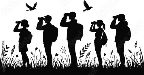 Silhouette of people watching birds with binoculars nature observation wildlife exploration outdoor adventure isolated on white background illustration