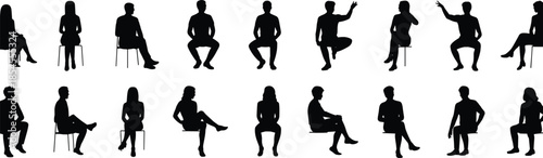 Sitting people silhouette set men and women different chair poses black human figure vector illustration collection