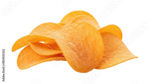 Pile of golden potato chips isolated PNG, crispy snack food on transparent background for junk food and fast food concepts