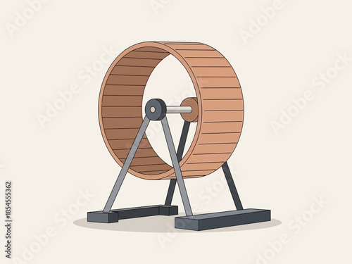 Illustration of a wooden wheel on a metal stand in a plain environment