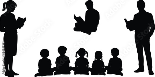 Teacher reading book to children students silhouette education learning classroom concept black vector illustration isolated on white background