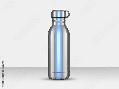 A clear glass water bottle with a silver cap and handle on a white background