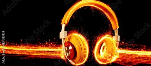 Fiery Headphones on Black Background.