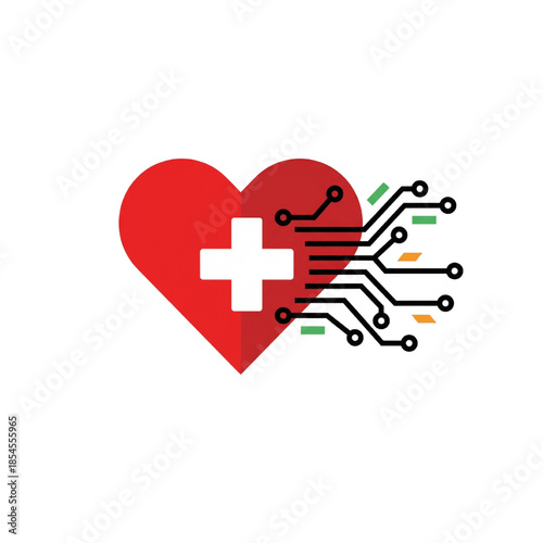 Vector illustration of heart with medical cross and circuit. Symbol of ehealth and telenursing medical new style