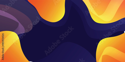 Abstract flowing shapes in vibrant orange and deep blue.