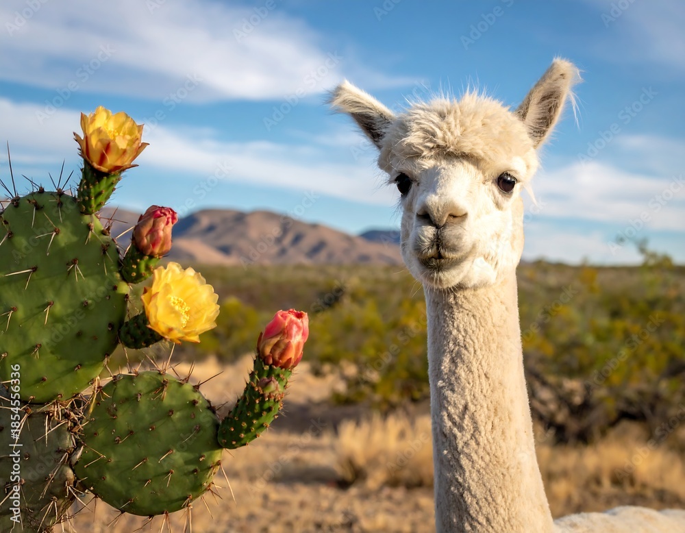 Naklejka premium White alpaca stands near cactus with vibrant yellow flowers, sunny day