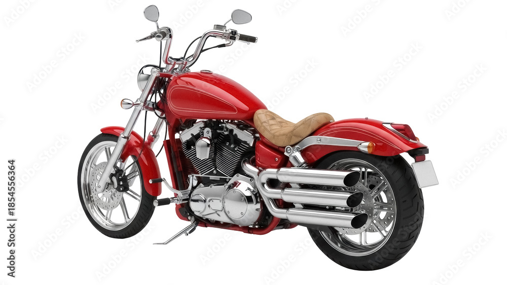 Obraz premium Red custom motorcycle PNG isolated, classic chopper motorbike with chrome exhaust pipes on transparent background, vehicle for transportation
