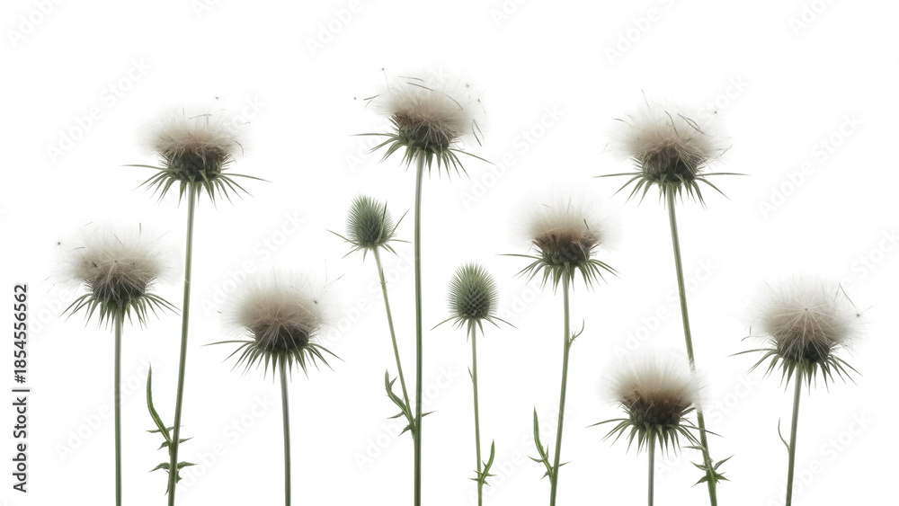Naklejka premium Elegant thistle flowers PNG isolated on transparent background, spiky plants with fluffy seed heads for nature designs and botanical compositions