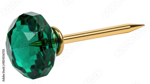 Fotografie Emerald green faceted gem push pin isolated PNG, decorative tack with gold tone