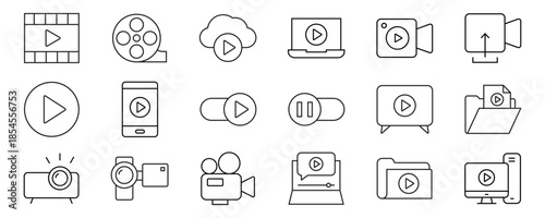 Video icon set. Containing camera, play, pause, media, online video, live, production, player, movie and cinema icons. Solid icon collection.