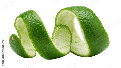 Billede på lærred Lime peel curl isolated PNG on transparent background, vibrant green citrus zest