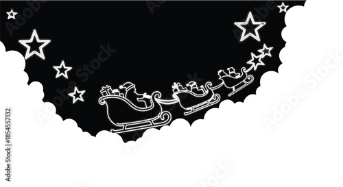 Whimsical Santa's sleigh glides through a starry night sky with festive clouds.