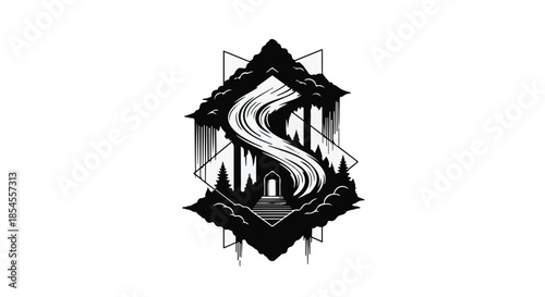 Mysterious forest path illuminated by a glowing portal within a geometric frame