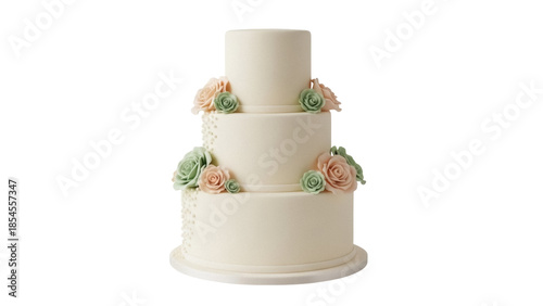 Tableau sur toile Elegant three-tiered wedding cake PNG isolated, decorated with pastel roses and
