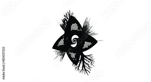 Mysterious celestial symbol with organic, fractal-like branches against a stark white background.