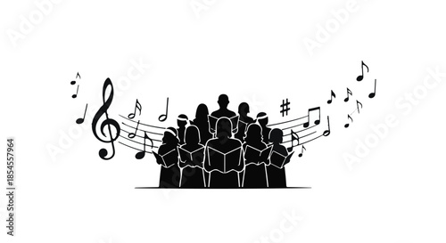 Diverse group of people singing together in harmony, surrounded by flowing musical notes.