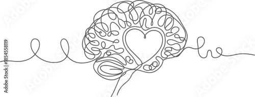 Heart and brain connection symbolizing love and thought continuous line art